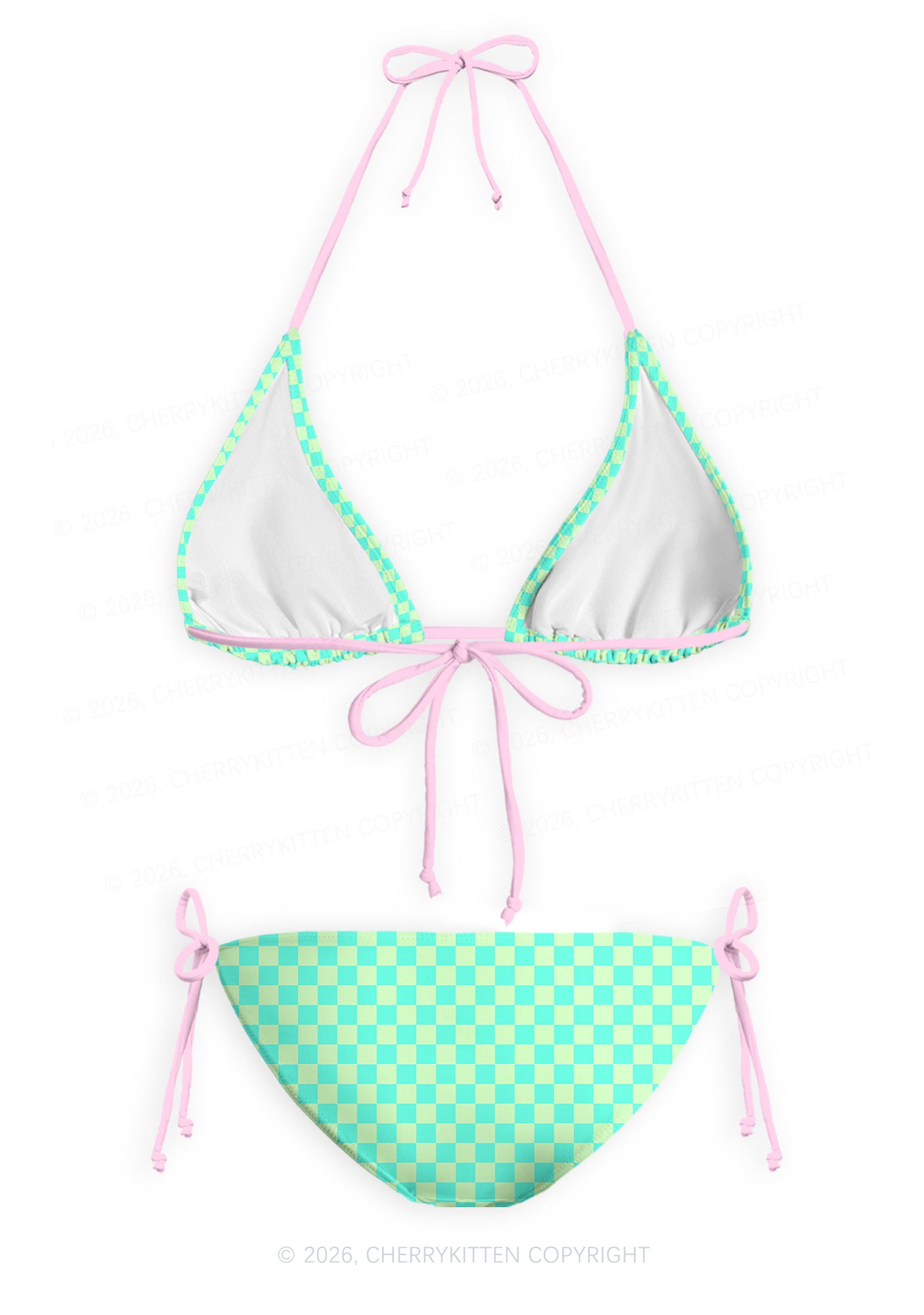 Mint Green Checkered Y2K Print Bikini Set Cherrykitten
