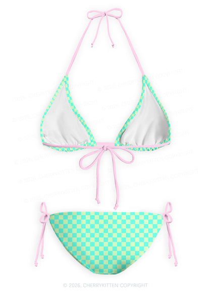 Mint Green Checkered Y2K Print Bikini Set Cherrykitten