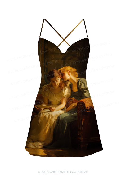 Two Women Reading Letter Pride Y2K Print Satin Cowl Neck Slip Dress Cherrykitten