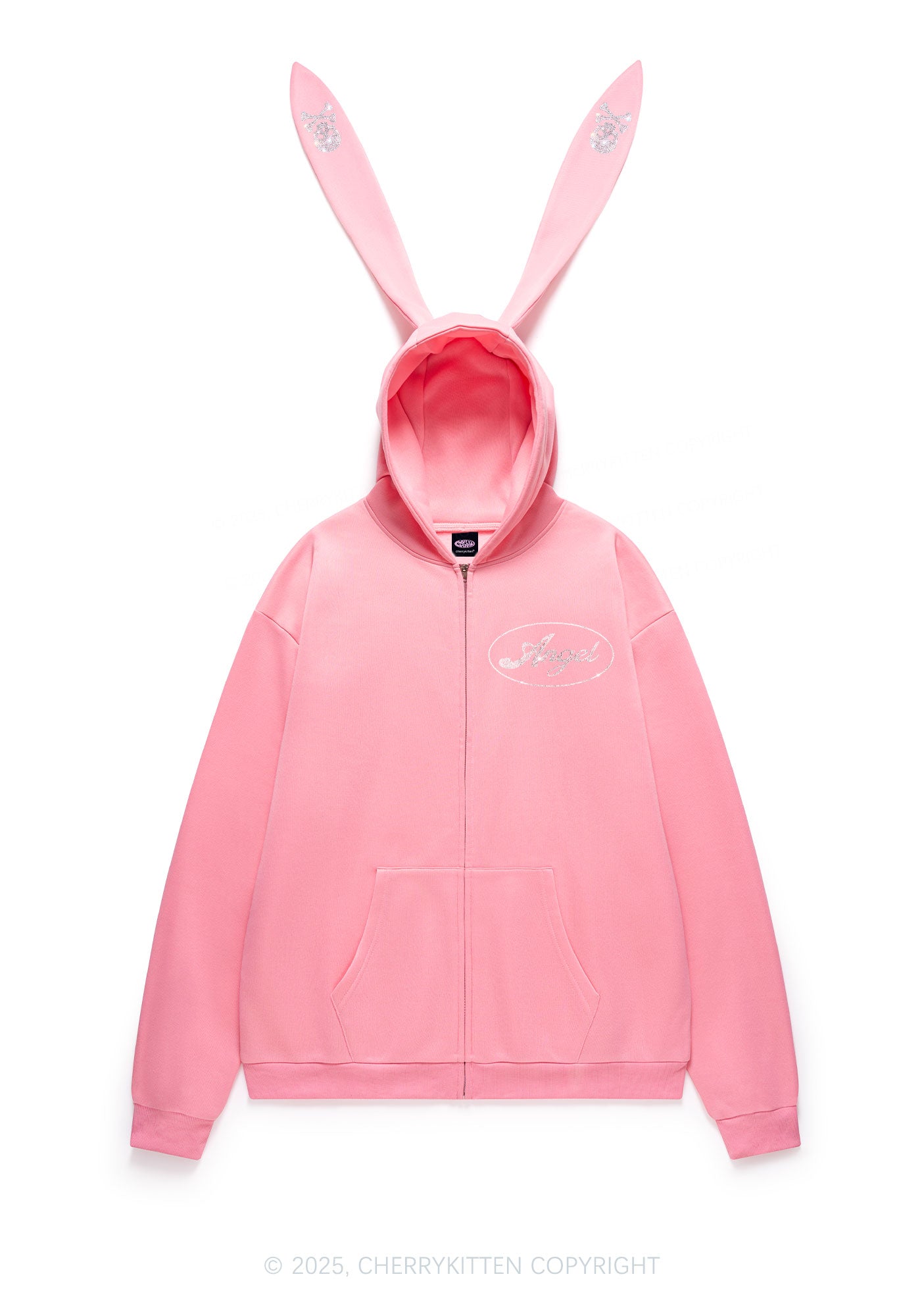 Rhinestone Angel Y2K Bunny Ear Zip Hoodie Cherrykitten