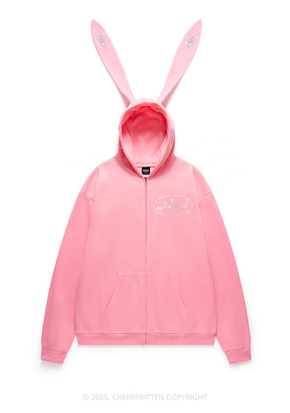Rhinestone Angel Y2K Bunny Ear Zip Hoodie Cherrykitten