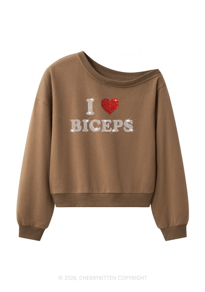Rhinestone I Love Biceps Y2K Off Shoulder Sweatshirts Cherrykitten