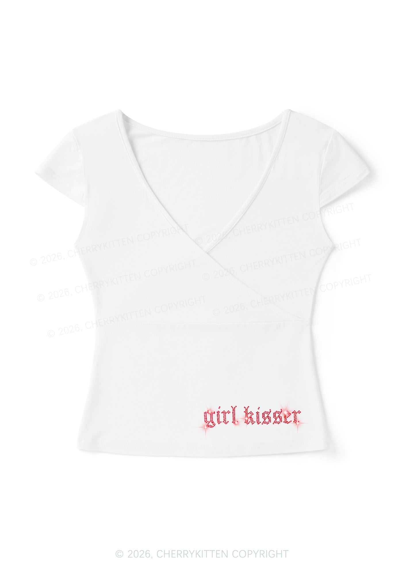 Rhinestone Girl Kisser Y2K Wrap V Neck T Shirts Cherrykitten