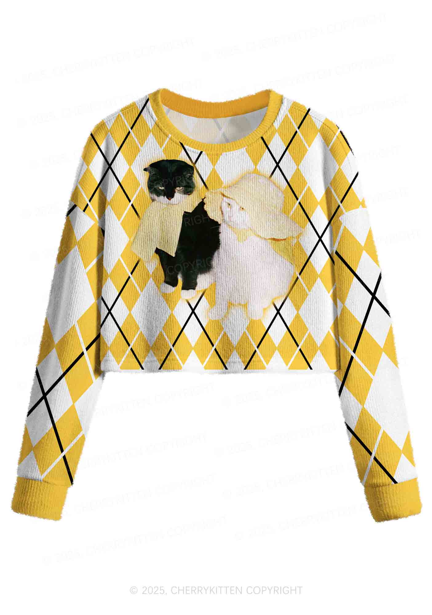 Yellow Cats Friend Y2K Christmas Crop Knit Sweatshirt Cherrykitten