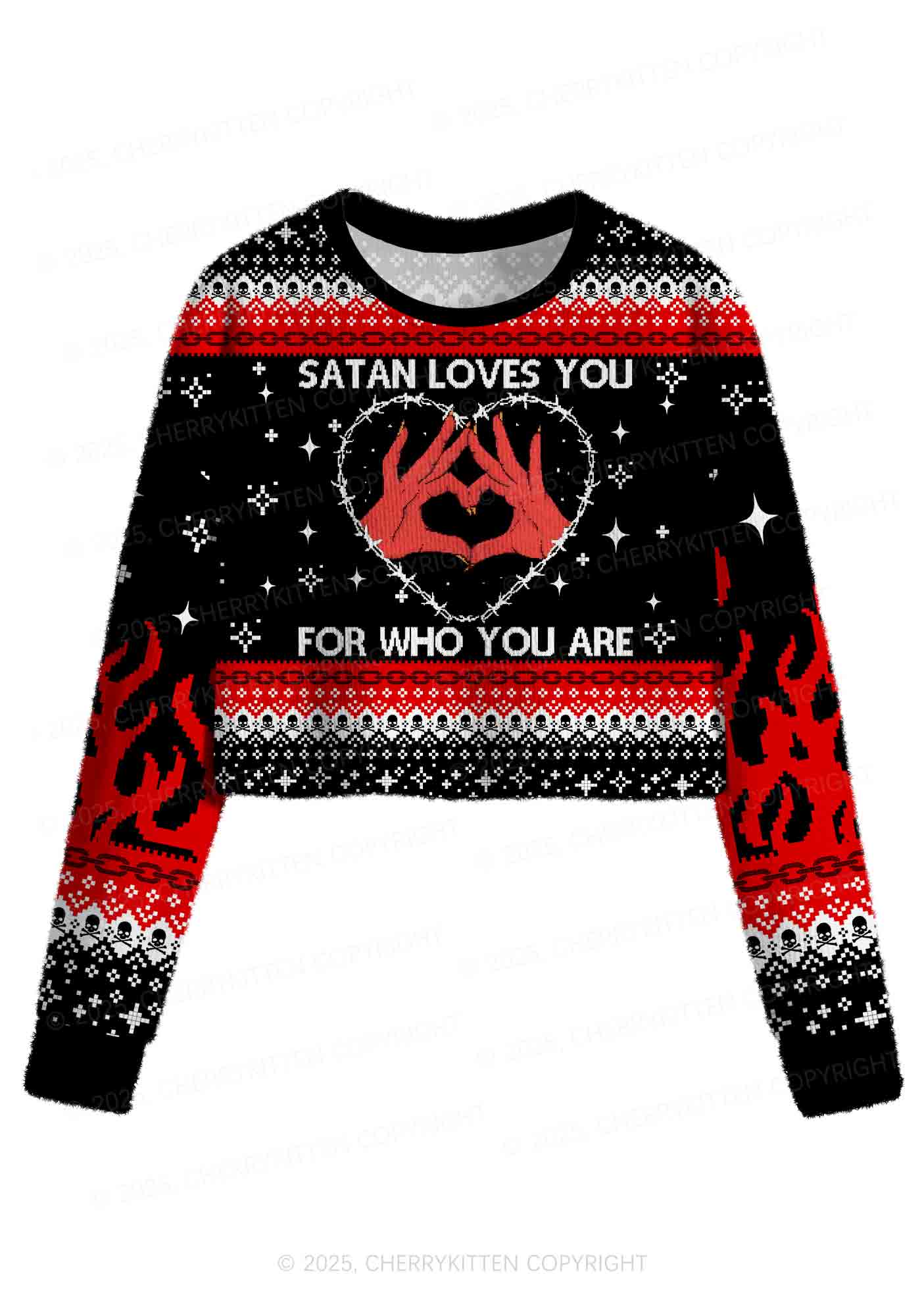 Halloween Satan Loves You Heart Y2K Christmas Crop Knit Sweatshirt Cherrykitten