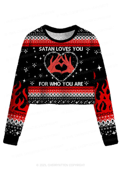 Halloween Satan Loves You Heart Y2K Christmas Crop Knit Sweatshirt Cherrykitten