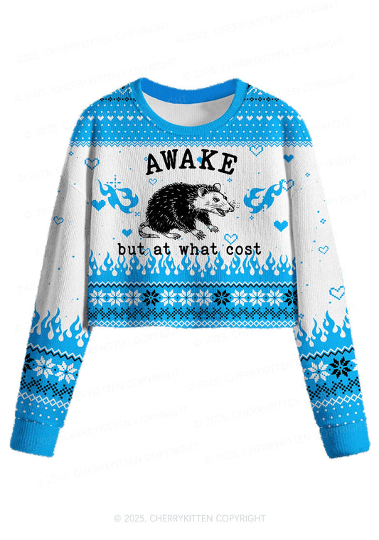 Blue Awake But What Cost Y2K Christmas Crop Knit Sweatshirt Cherrykitten
