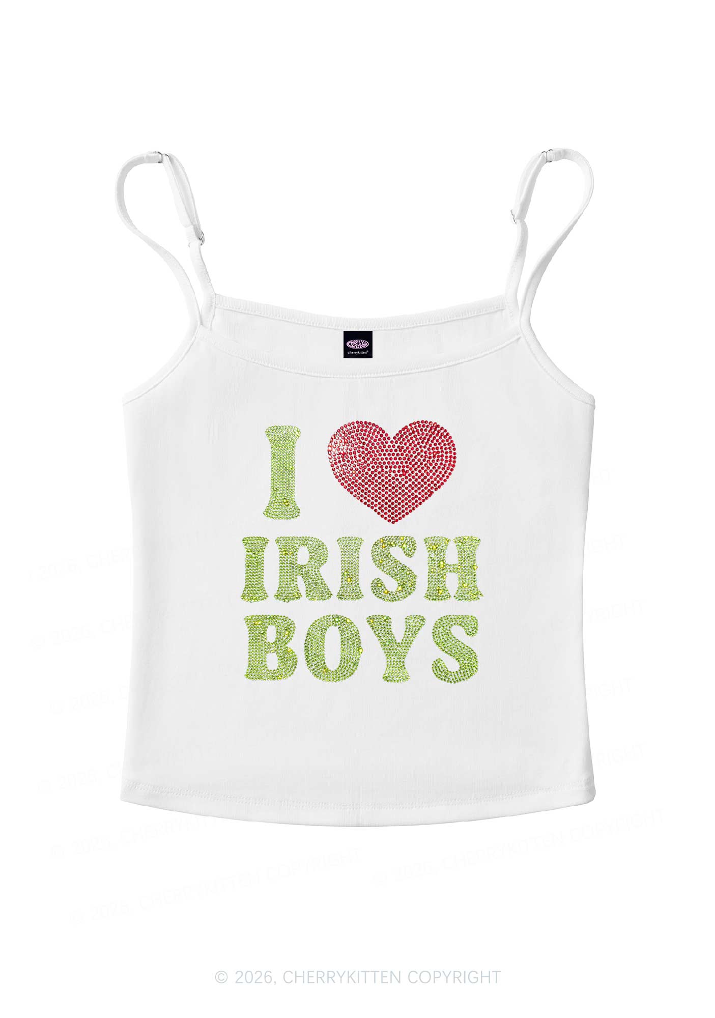 Rhinestone I Love Irish Boys St Patricks Y2K Spaghetti Strap Cami Cherrykitten