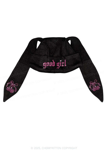 Rhinestone Good Girl Y2K Bunny Ear Knitted Hat Cherrykitten