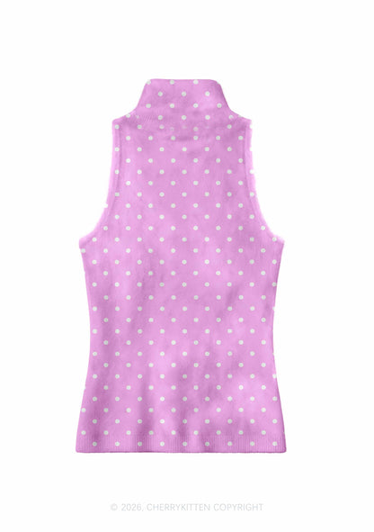 Heart Eyes White Dots On Pink Y2K Knit Turtleneck Tank Top Cherrykitten