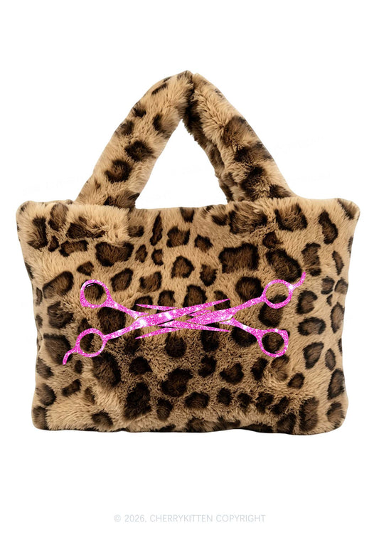 Glitter Scissors Y2K Plush Leopard Handbag Cherrykitten