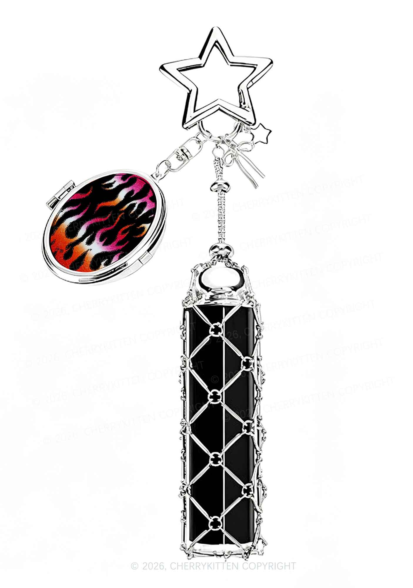 Lesbian Flame Pride 1pc Y2K Metal Mesh Lipstick Holder Keychain With Mirror Cherrykitten