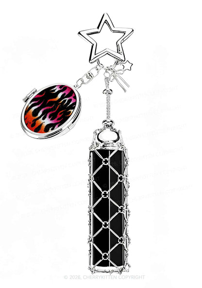 Lesbian Flame Pride 1pc Y2K Metal Mesh Lipstick Holder Keychain With Mirror Cherrykitten