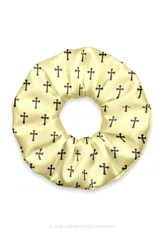 Brown Cross On Yellow Y2K Hair Scrunchie Cherrykitten