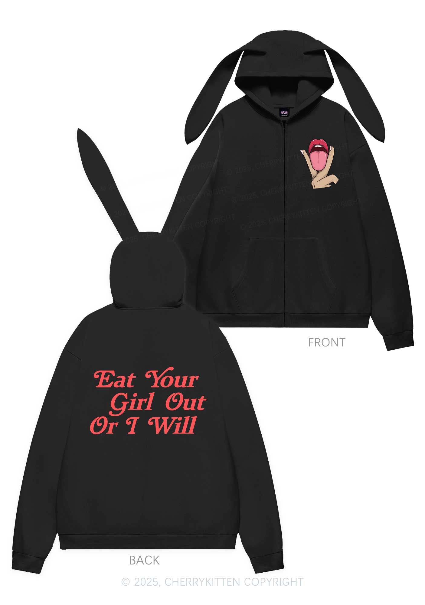 Eat Your Girl Out Pride Y2K Bunny Ear Zip Hoodie Cherrykitten