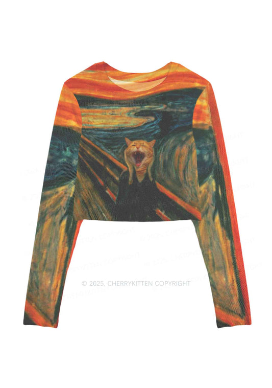 Screaming Cat Y2K Mesh Long Sleeve Crop Top Cherrykitten