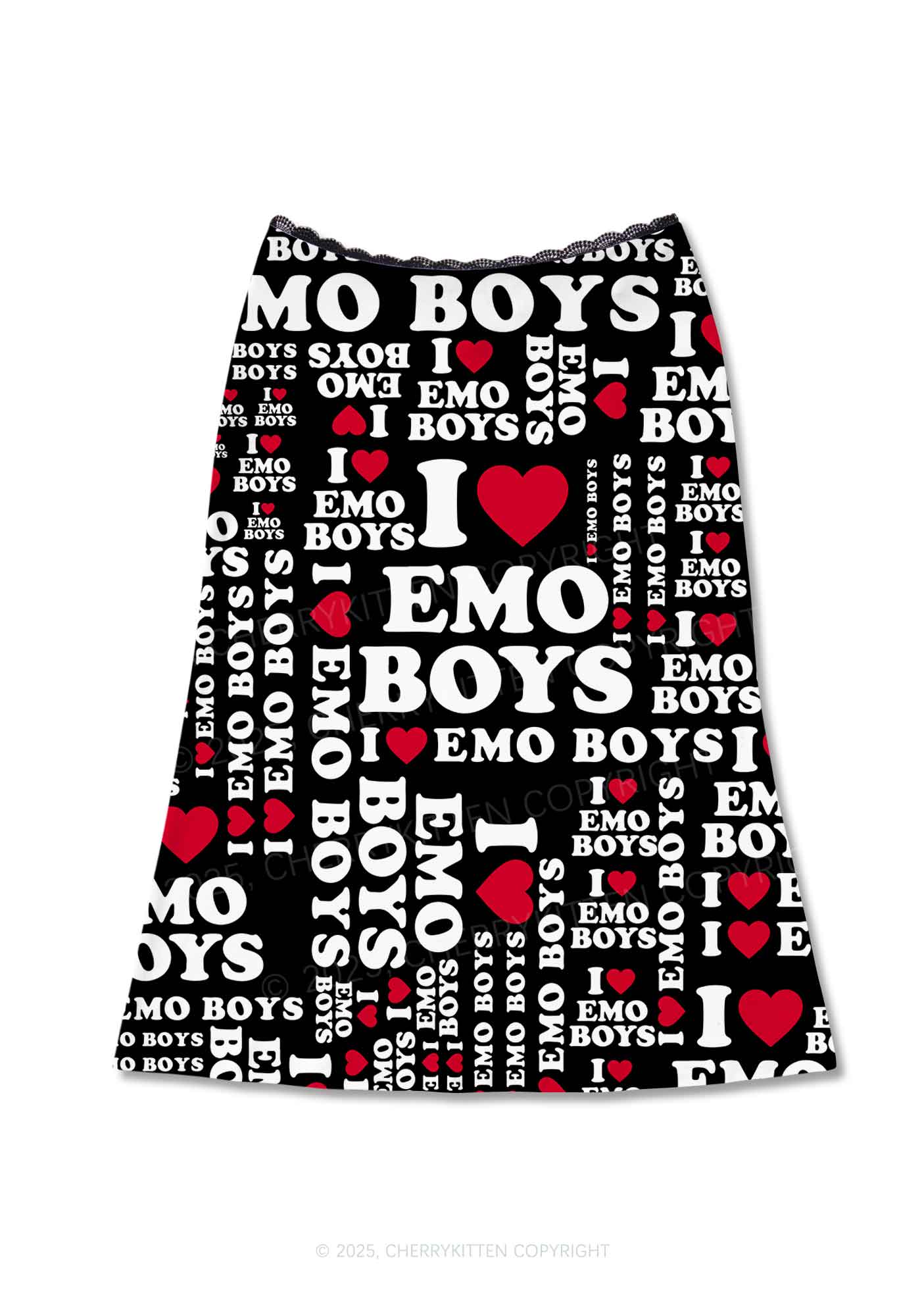 I Love Emo Boys Y2K Print Midi Skirt Cherrykitten
