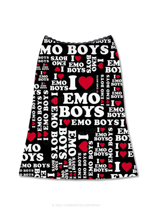 I Love Emo Boys Y2K Print Midi Skirt Cherrykitten