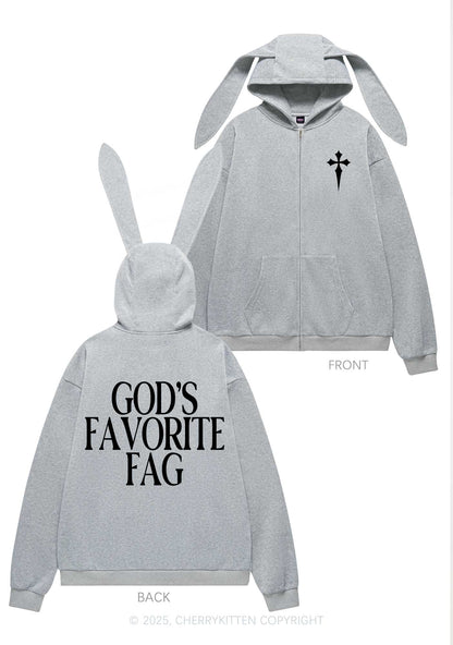 Gods Favorite Fag Pride Y2K Bunny Ear Zip Hoodie Cherrykitten