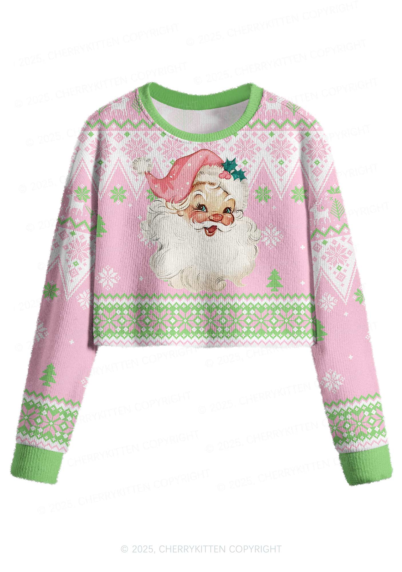 Pink Santa Y2K Christmas Crop Knit Sweatshirt Cherrykitten