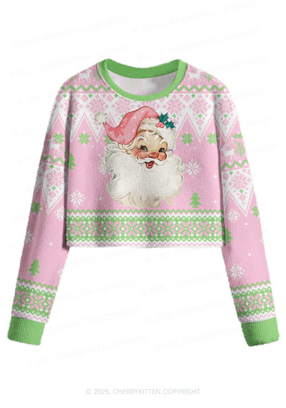 Pink Santa Y2K Christmas Crop Knit Sweatshirt Cherrykitten