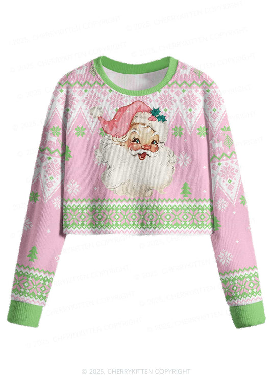 Pink Santa Y2K Christmas Crop Knit Sweatshirt Cherrykitten