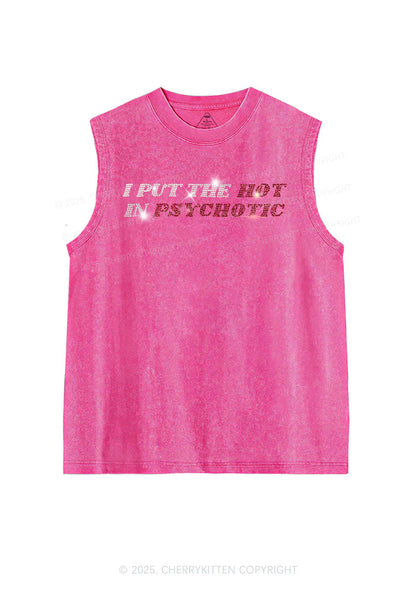 Rhinestone I Put The Hot In Psychotic Y2K Washed Muscle Tank Cherrykitten