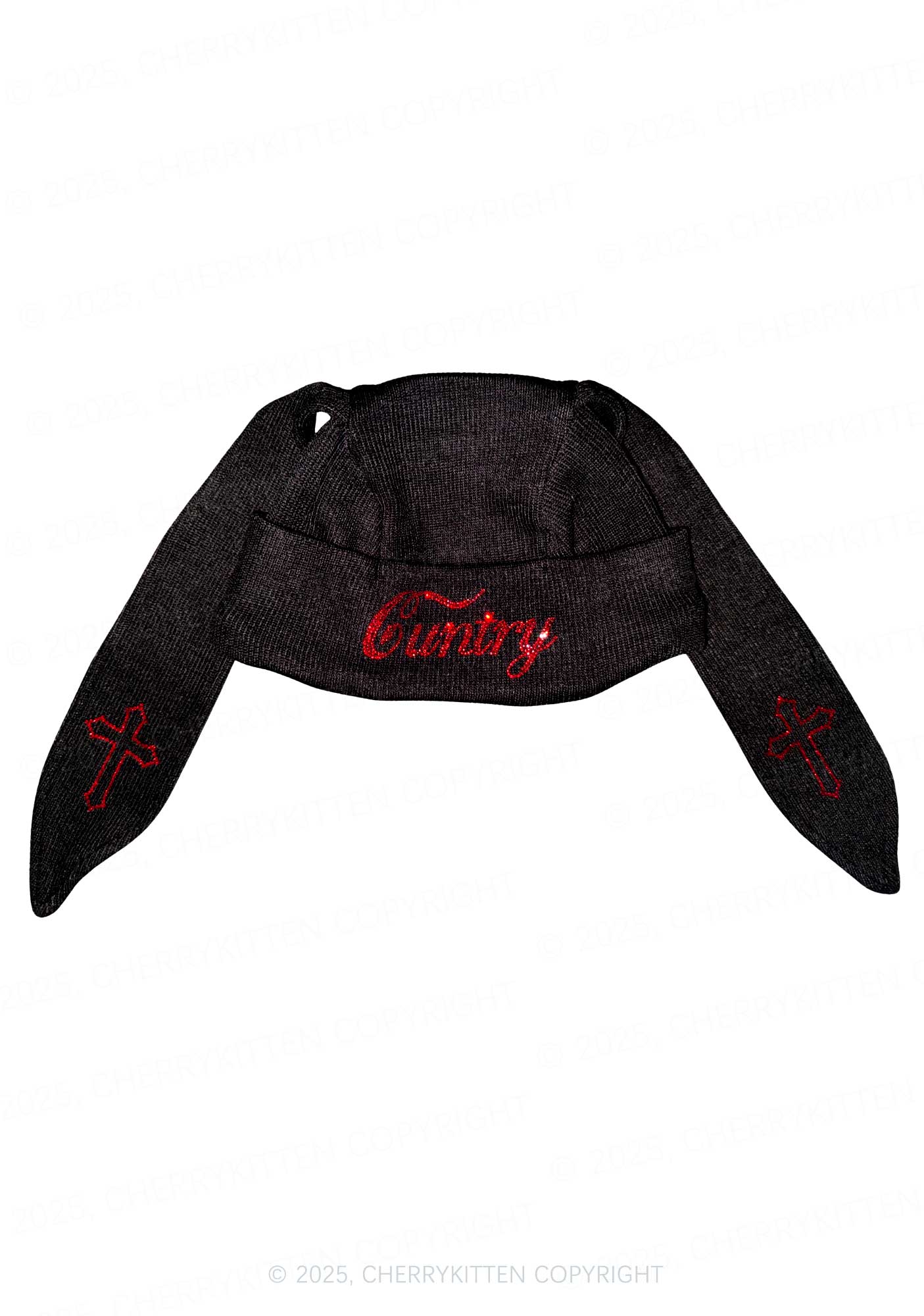 Rhinestone Cuntry Y2K Bunny Ear Knitted Hat Cherrykitten
