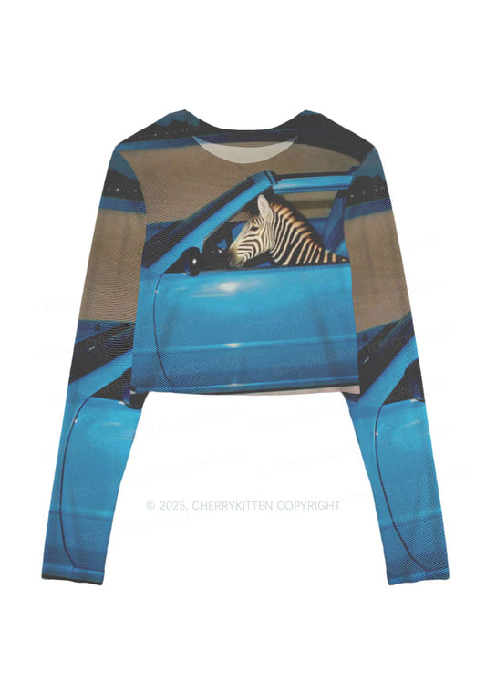 Zebra Driver Y2K Mesh Long Sleeve Crop Top Cherrykitten