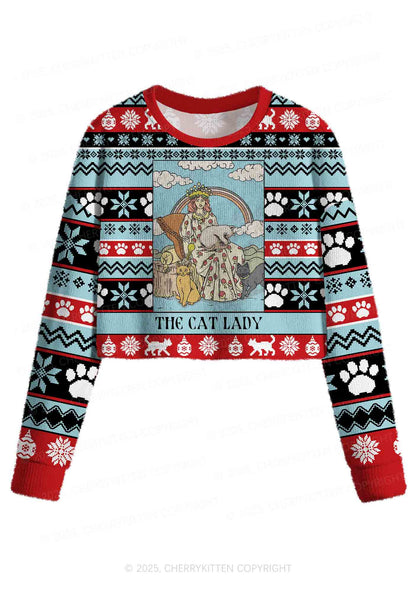 The Cat Lady Y2K Christmas Crop Knit Sweatshirt Cherrykitten