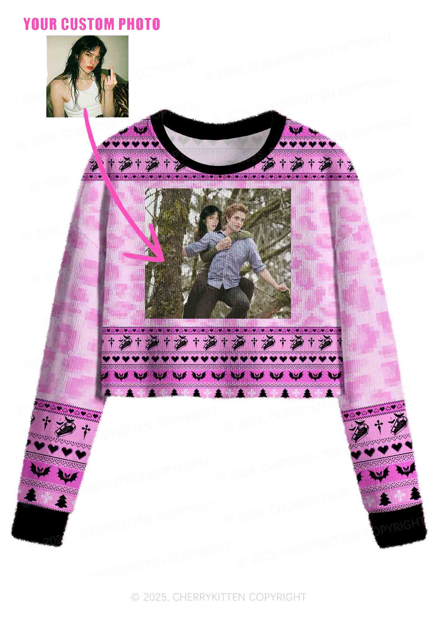 Pink Custom Face Y2K Christmas Crop Knit Sweatshirt Cherrykitten