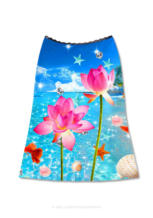 Seaside Lotus Y2K Print Midi Skirt Cherrykitten