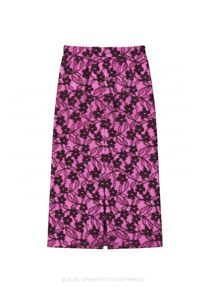 Hot Pink Floral Y2K Sport Jersey Drawstring Midi Skirt Cherrykitten