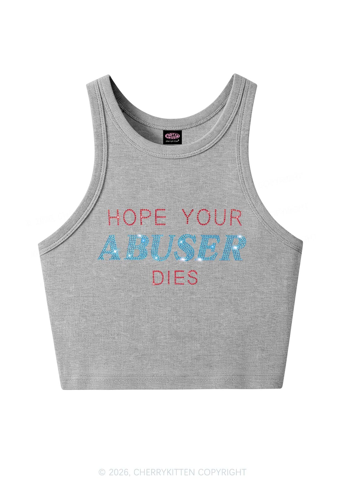 Rhinestone Hope Your Abuser Dies Y2K Crop Tank Top Cherrykitten