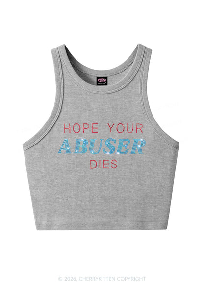 Rhinestone Hope Your Abuser Dies Y2K Crop Tank Top Cherrykitten