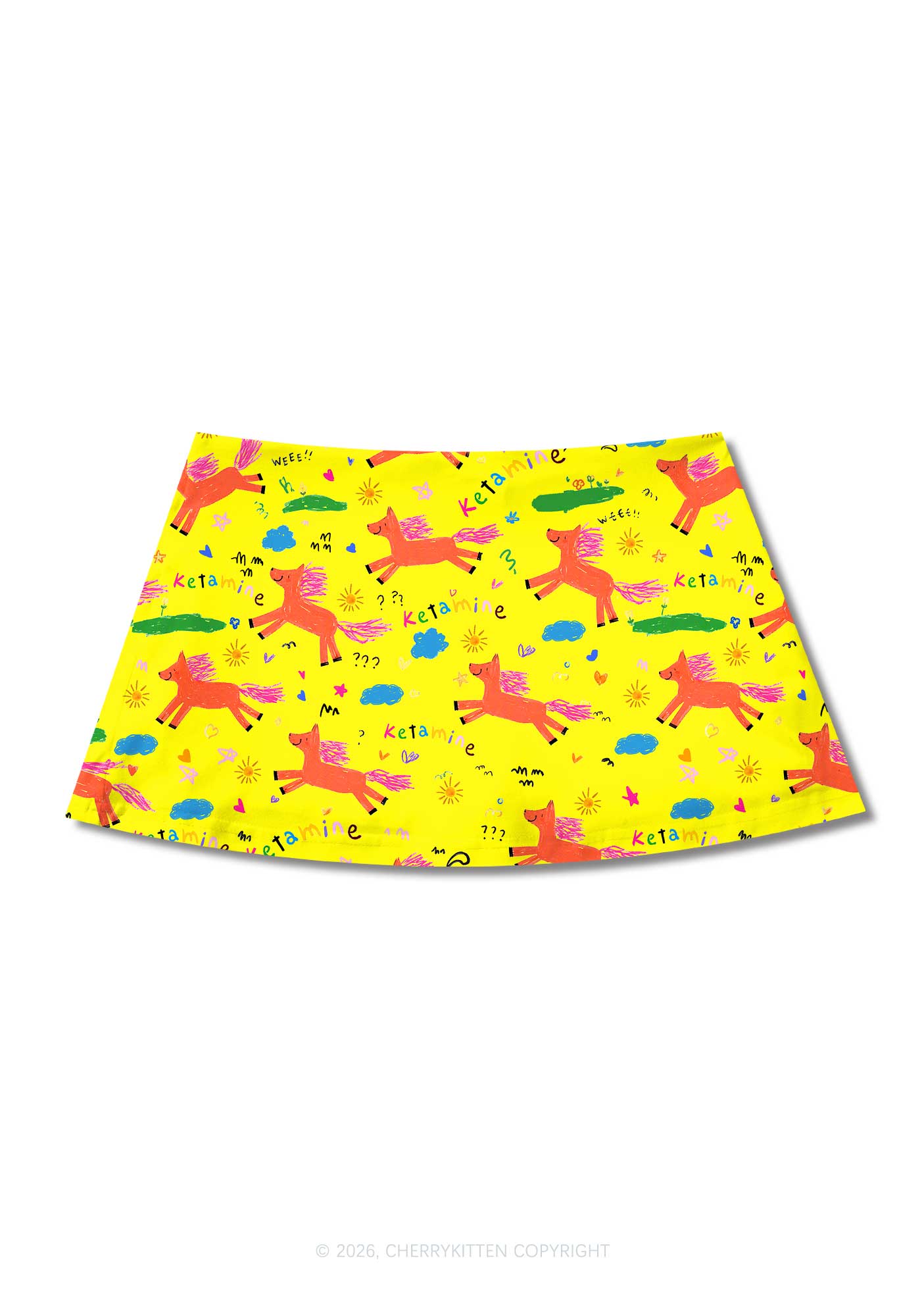 Orange Pony On Yellow Y2K Print Mini Skirt Cherrykitten