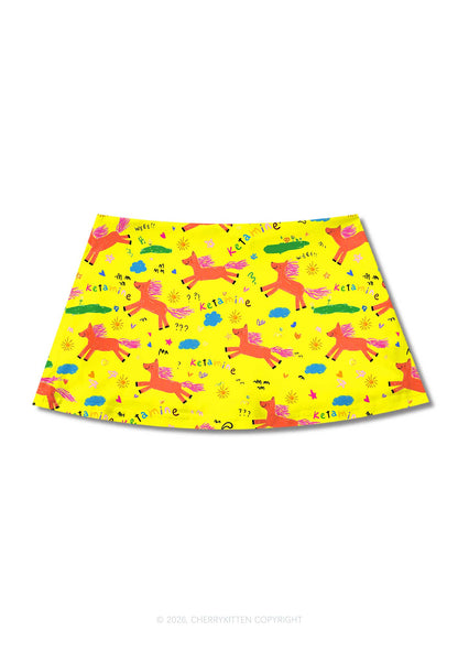 Orange Pony On Yellow Y2K Print Mini Skirt Cherrykitten