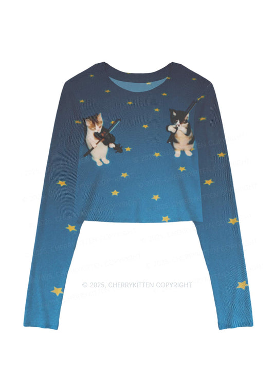 Kitten Violinist Y2K Mesh Long Sleeve Crop Top Cherrykitten