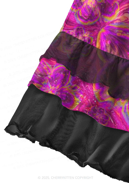 Trippy Flowers Y2K Print Mini Layered Skirt Cherrykitten