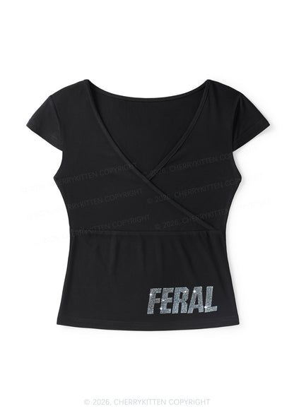 Rhinestone Feral Y2K Wrap V Neck T Shirts Cherrykitten