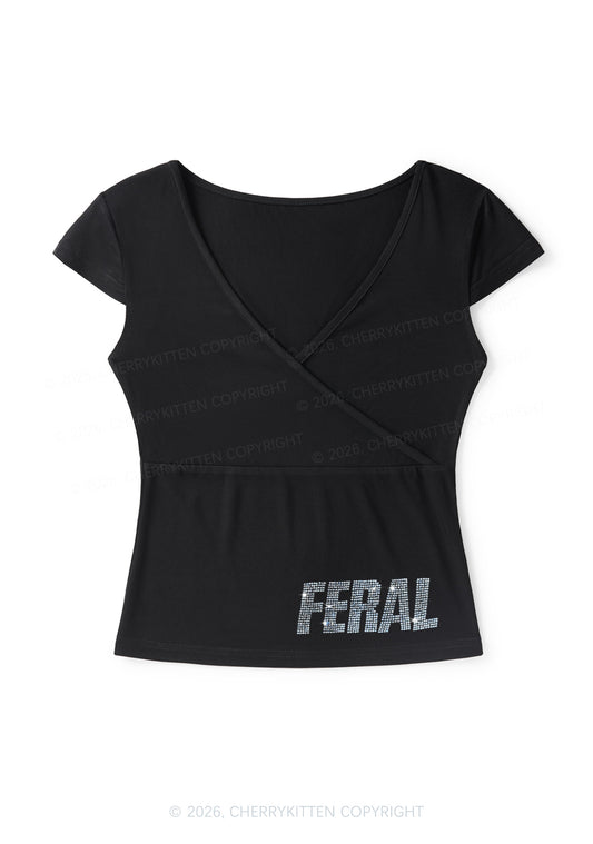 Rhinestone Feral Y2K Wrap V Neck T Shirts Cherrykitten