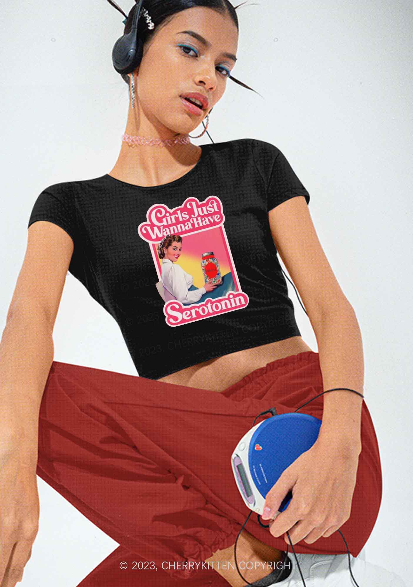 Girls Just Wanna Have Serotonin Y2K Baby Tee Cherrykitten