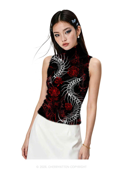 Halloween Centipede Red Floral Y2K Knit Turtleneck Tank Top Cherrykitten