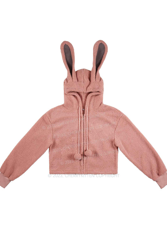 Cute Pink Bunny Ears Zip Up Y2K Hoodie