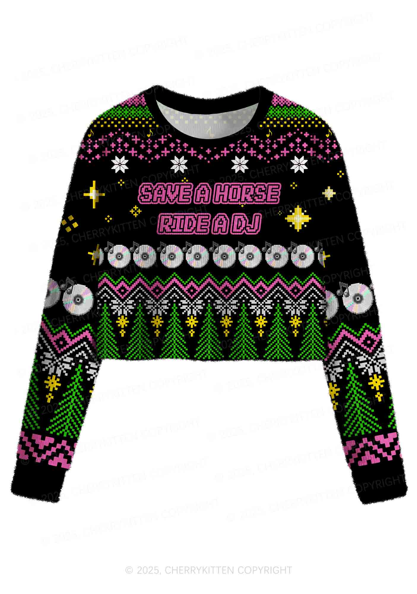 Ride A DJ Y2K Christmas Crop Knit Sweatshirt Cherrykitten