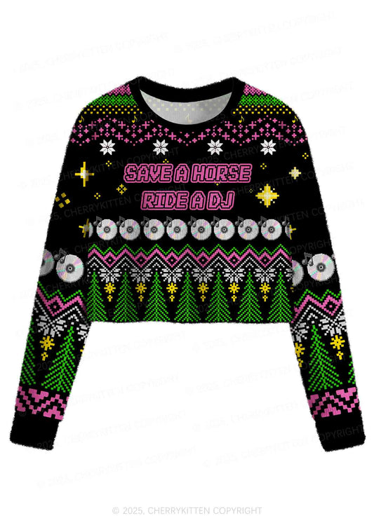 Ride A DJ Y2K Christmas Crop Knit Sweatshirt Cherrykitten