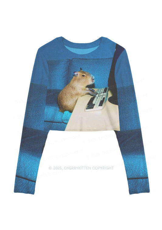 Keyboard Capybara Y2K Mesh Long Sleeve Crop Top Cherrykitten