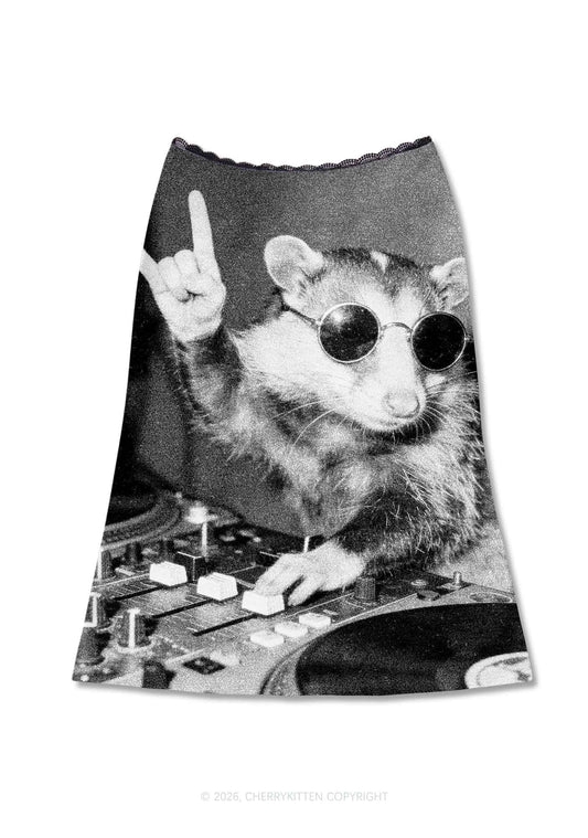 DJ Opossum Rock Y2K Print Midi Skirt Cherrykitten