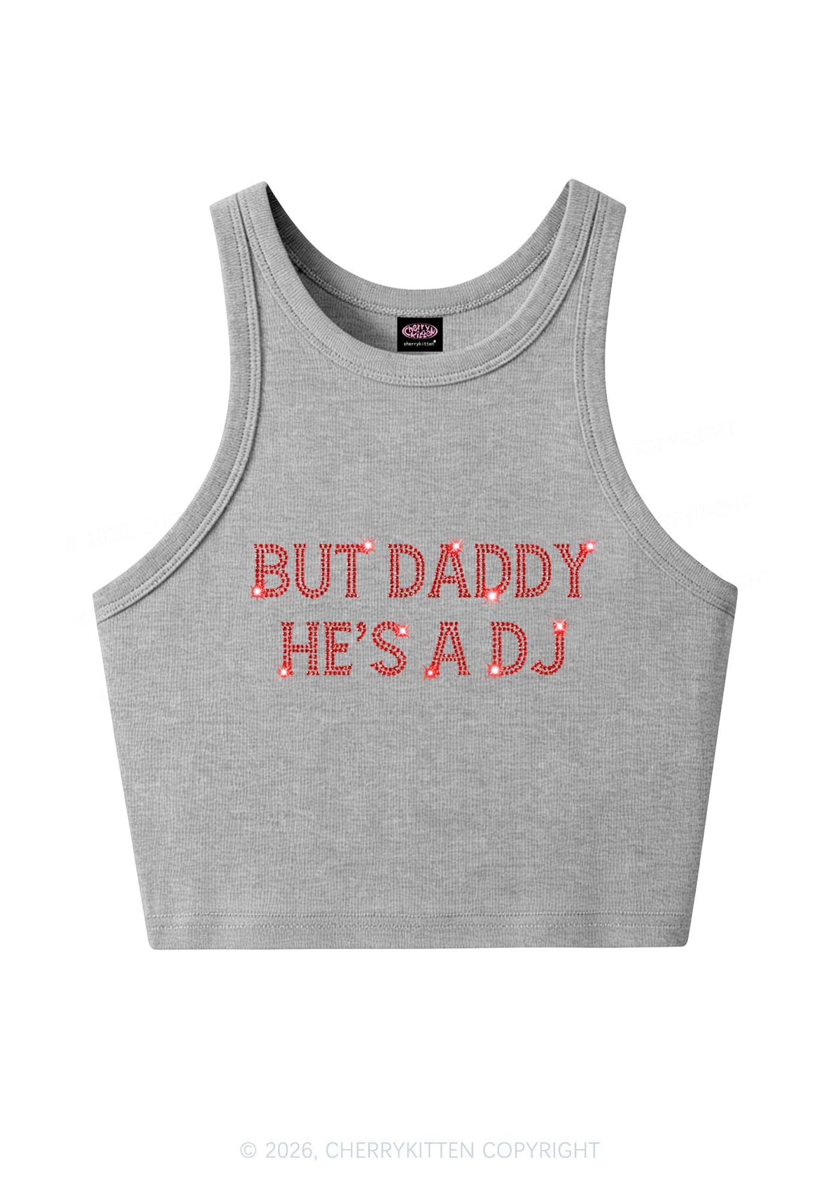 Rhinestone But Daddy Hes A Dj Y2K Crop Tank Top Cherrykitten