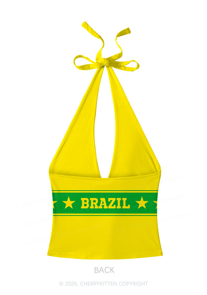 Yellow Green Stripe Star Y2K Print Halter Deep V Neck Cami Cherrykitten